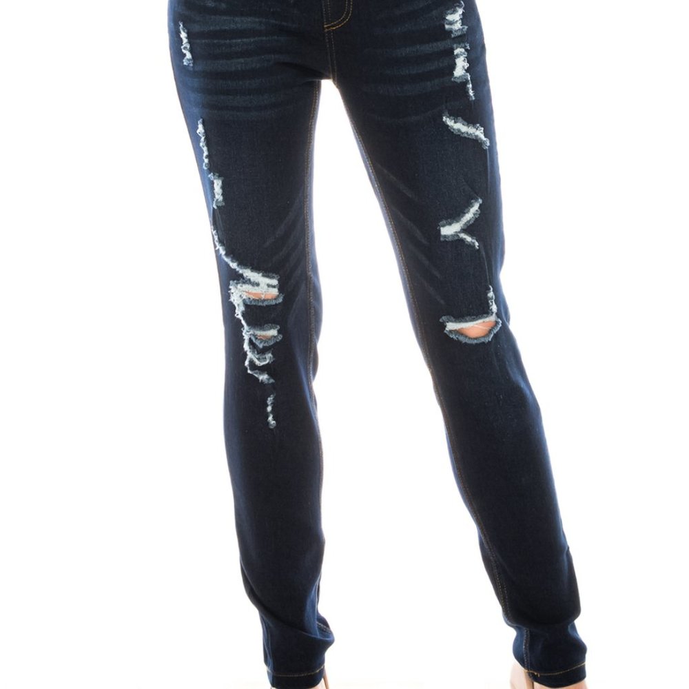 Distressed Pull On Denim Jeggings